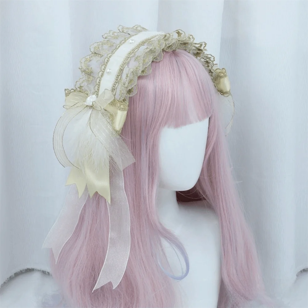 

New Gothic Lolita Headband Ribbon Love Heart Cosplay Headdress with Hairpins Lace Ruffled Head Wrap Women