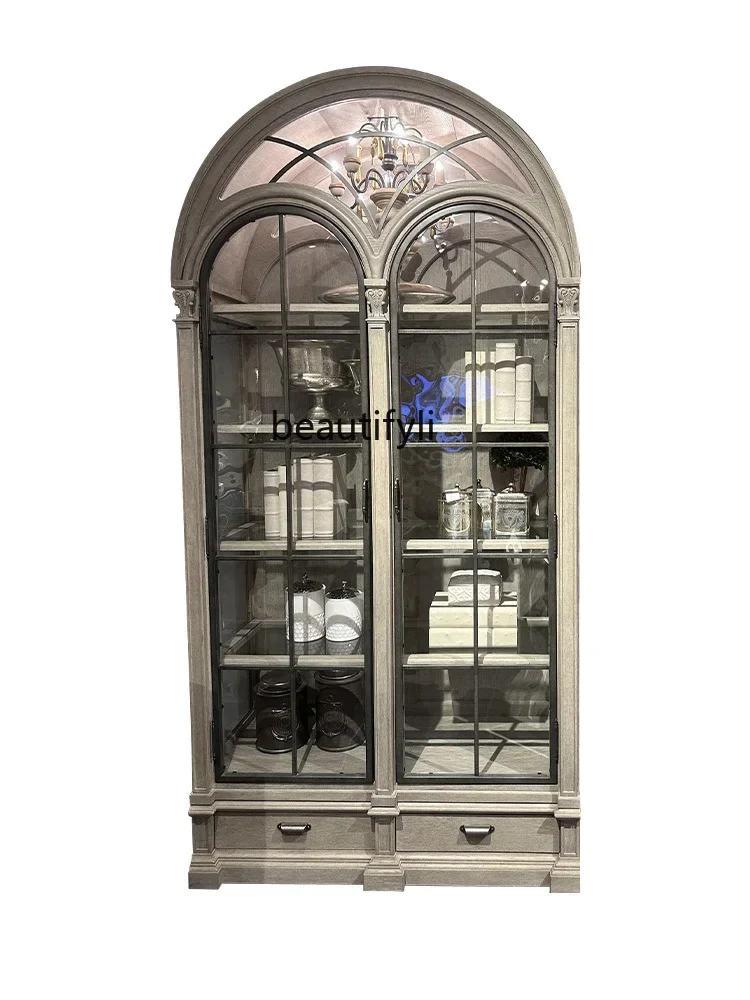 

American Bookcase European-Style Vintage Carved Display Cabinet French Shaped Solid Wood Bookcase Building Renaissance