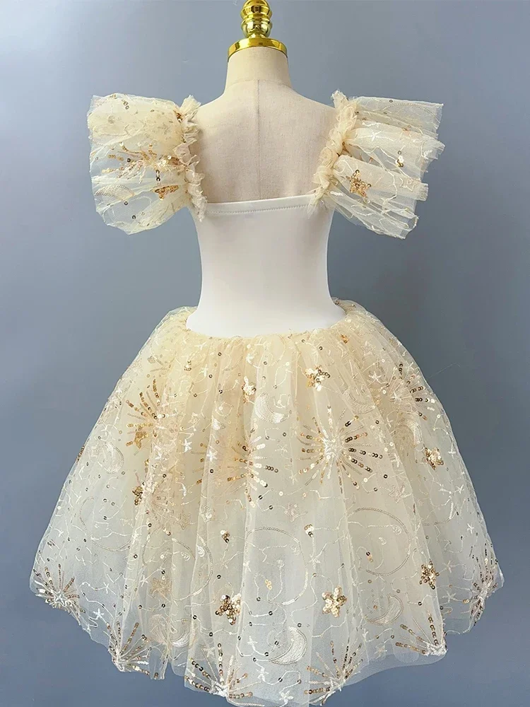 Abito lungo da balletto per bambini, per ragazze, pizzo beige, cigno, paillettes, abito da principessa, per adulti, donna, danza moderna, costume da spettacolo teatrale