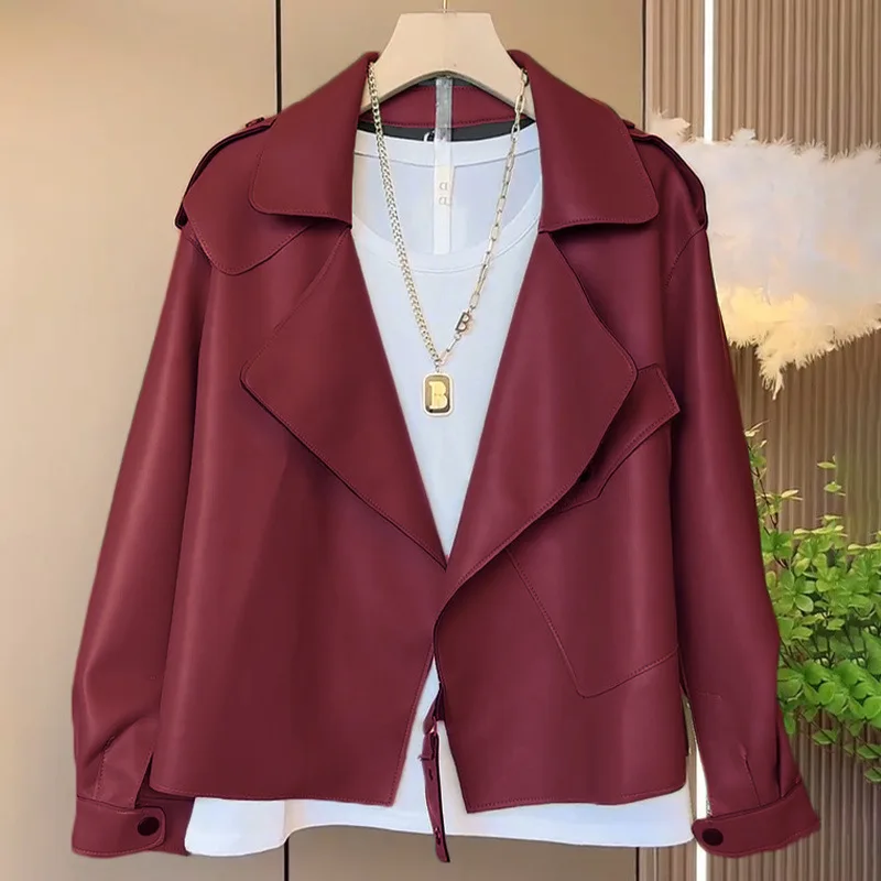Fashion Spring Autumn New PU Leather Jacket Women's Tops Elegant Loose Slimming Short Styles Lapels Coat Women Leather Jacket