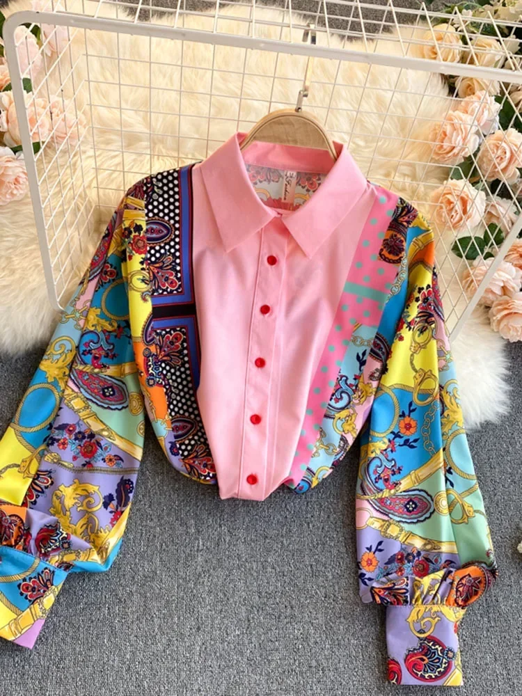 Spring  Autumn Fashion Temperament New Exotic Print Lapel Puff Sleeve Shirt Female High Waist Slim Skirt Suit C597