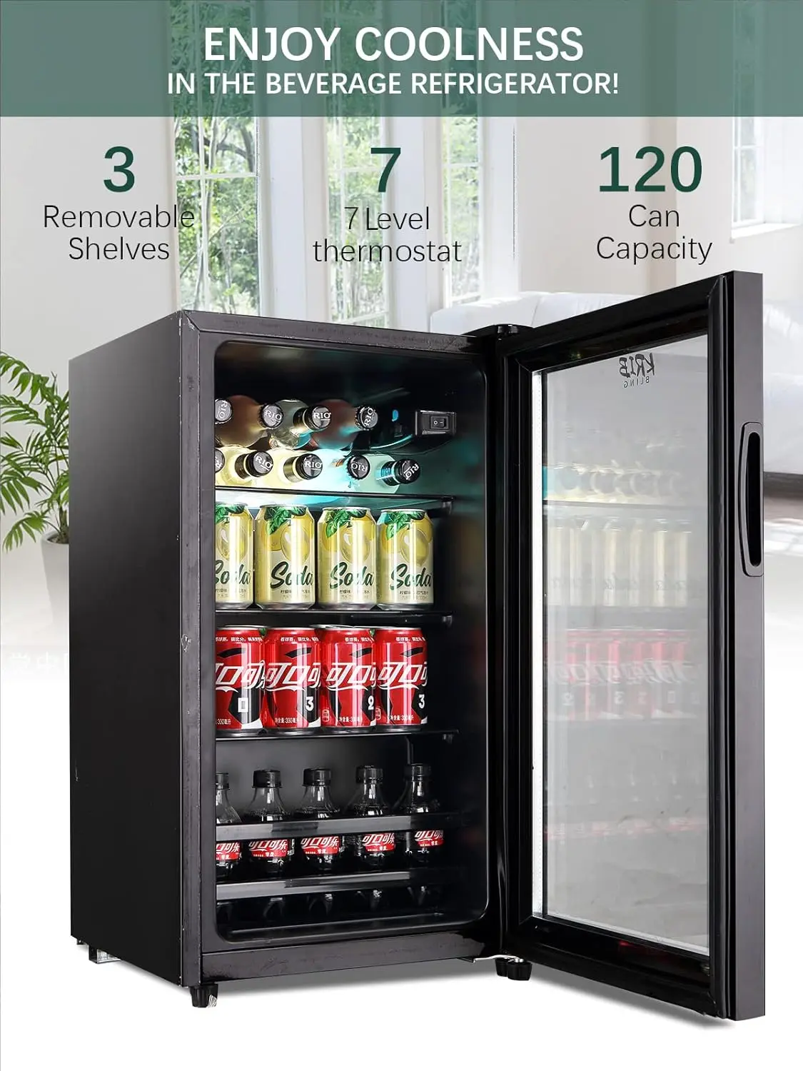 Refrigerador y enfriador de bebidas para 120 latas, mini refrigerador con estantería ajustable de alambre, máquina dispensadora de bebidas pequeña