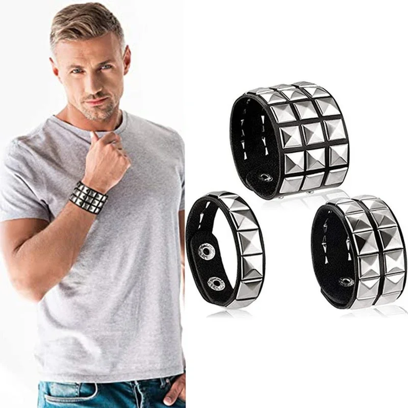 New Unique 3 Row Cuspidal Spikes Rivet Stud Wide Cuff Leather Punk Gothic Rock Unisex Bangle Bracelet Men Jewelry