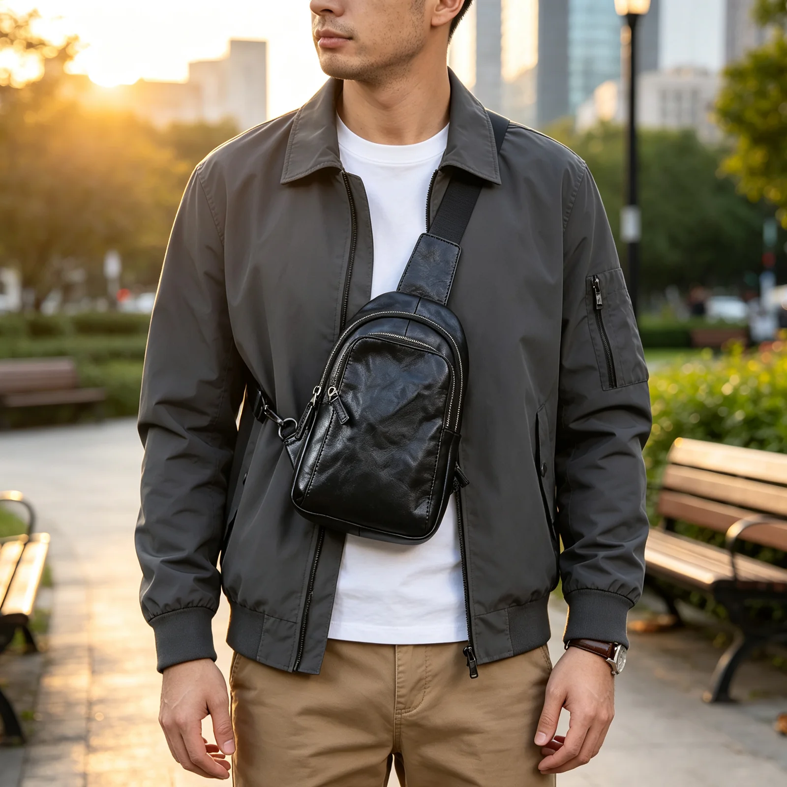 Echte Leder-Brusttasche für Herren, Casual-Umhängetasche aus Rindsleder, Modische Handyhülle, Pflanzlich gegerbtes Leder, Mini-Modell – Detail 2