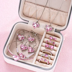 14 Pcs/Set Pink Crystal Jewelry Set for Women Y2k Kpop Cute Girl Heart Pendant Necklace Earring Bracelet Ring Trendy Jewelry New