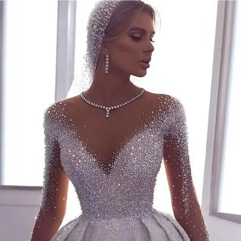 Customized Crystal Dresses Long Sleeve Ball Plus Size Princess Wedding Bridal Gowns For Pregnant Woman Robe Mariage Princesse