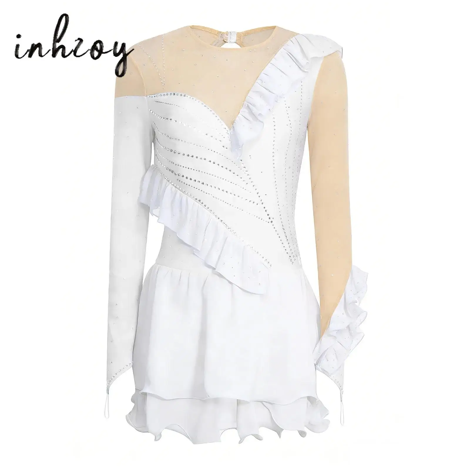 

Womens Ballet Dance Performance Costume Rhinestones Acrobatics Gymnastics Lyrical Figure Skating Dress Color Blocking Body Suit