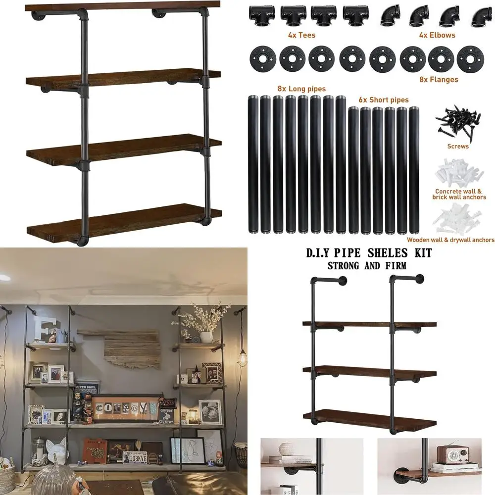 

Vintage 4-Tier Iron Pipe Bookshelf Set, 41.5 Tall, 12 Deep, DIY Wall-Mounted Storage for Kitchen and Pantry, Rustic Black Bracke