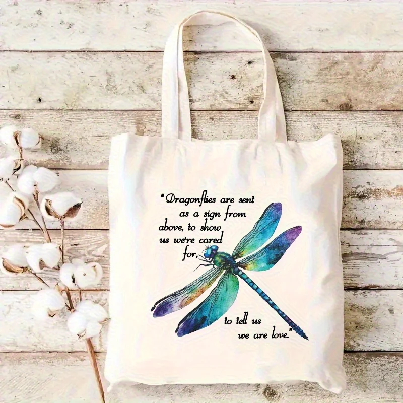 Women's Tote Bag - Beige Handbag with Blue & Purple Dragonfly Print, Machine Washable Polyester Canvas-like Bag for Everyday, Wo