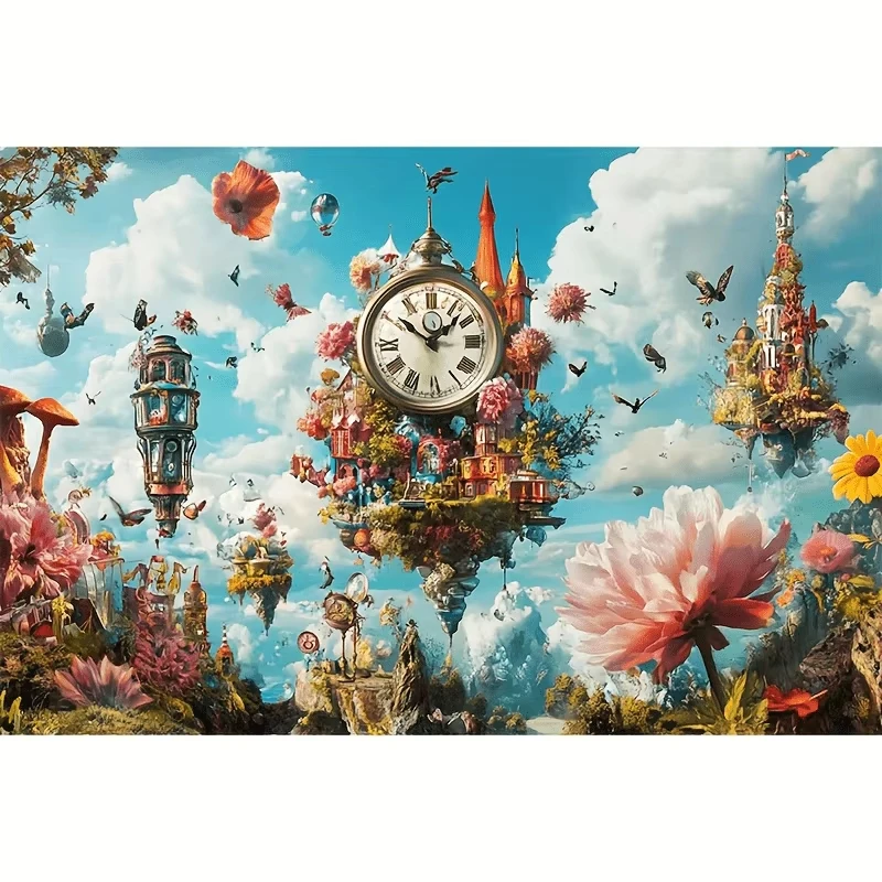 Rompecabezas de Fantasía con Reloj Flotante en el Cielo, Reloj de Bolsillo del País de las Maravillas, Castillo Flotante Floral, Cielo Azul Surrealista, Decoración de Pared