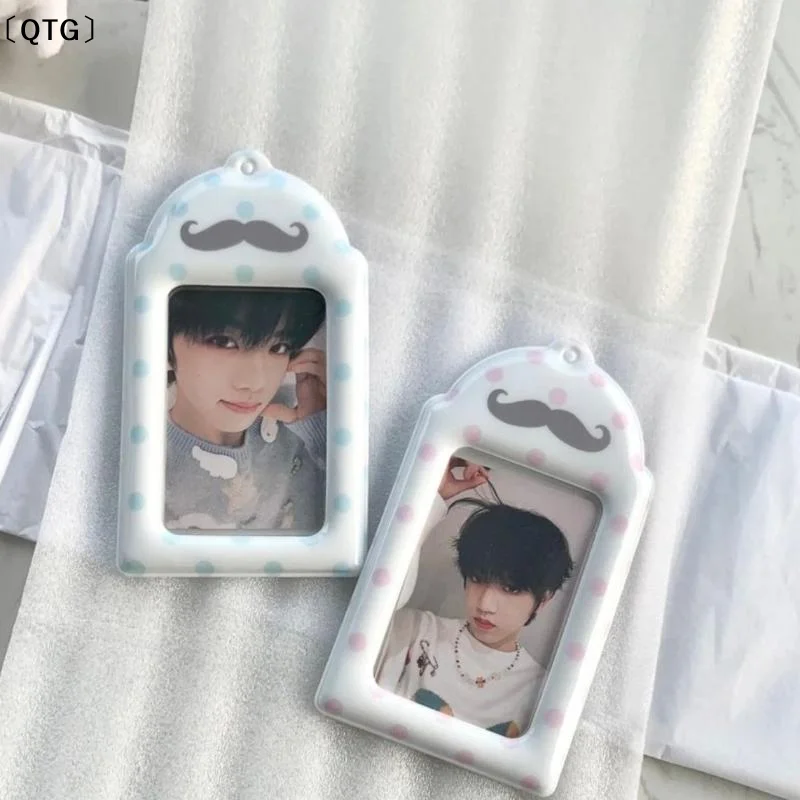 〔QTG〕Polka Dot Mustache Print Card Holder PVC Kpop Idol 3 Inch Photocard Meal Card School ID Card Storage Display Pendant