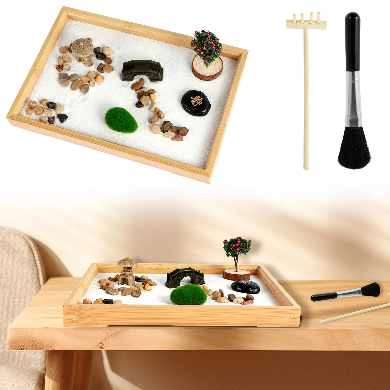DIY Mini Zen Garden Kit Desktop Ornaments 11x7inch Zen Sand Tray Meditation Therapy Play Kit Home Office Desk Decoration Gift