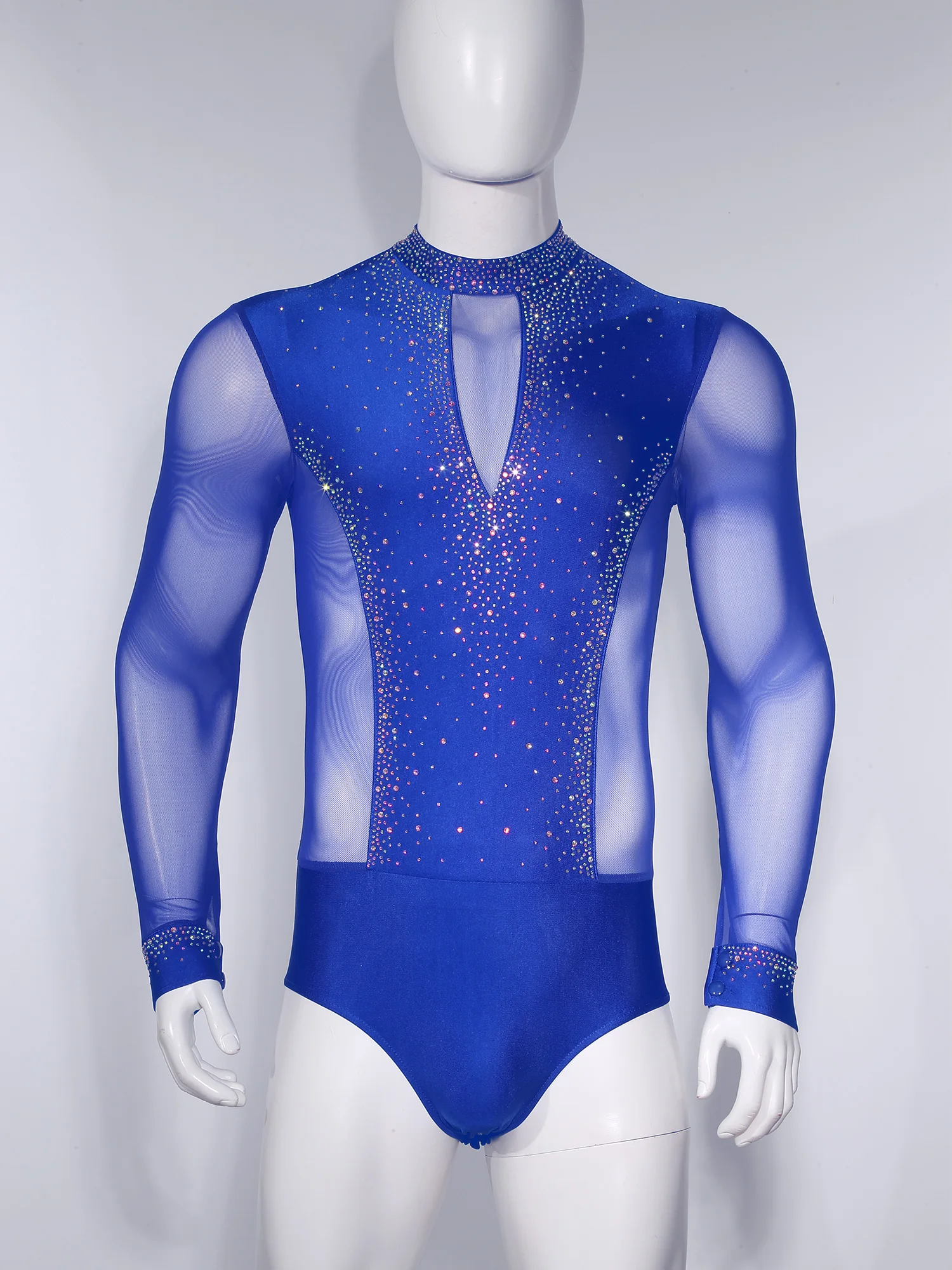 

Men Rhythmic Gymnastic Latin Dance Outfits Long Sleeve Rhinestones Mesh Leotard Bodysuit And Pants Skating Chacha Dance Costume