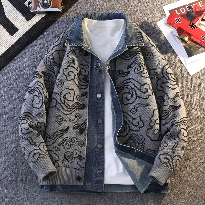 

Модный вязаный джемпер-кардиган с джинсовыми вставками для мужчин, весна-осень, с отложным воротником, молодежный, повседневный, свободного кроя, с длинными рукавами