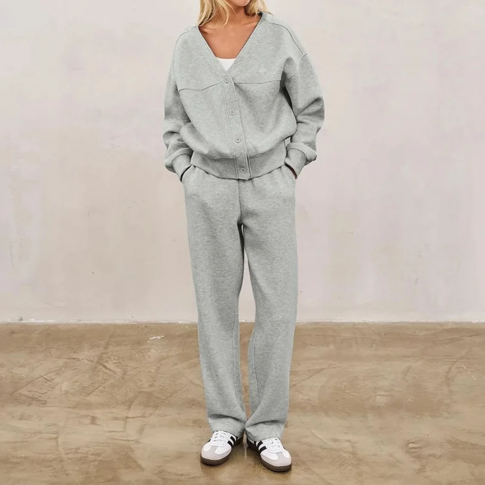 

Повседневный комплект из 2 предметов, однобортные кардиганы с v-образным вырезом и длинными рукавами + свободные прямые брюки, осенние женские однотонные уличные костюмы