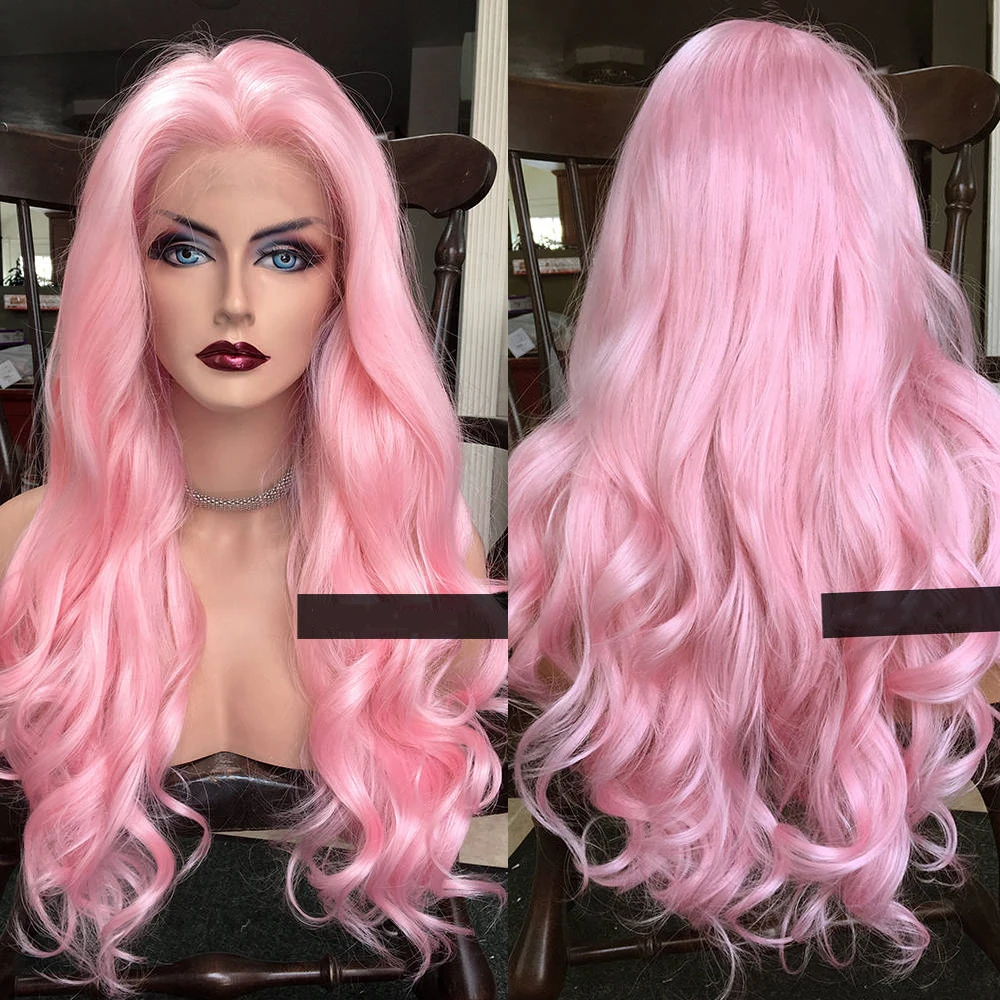 Heat-Resistant Synthetic Fiber Pastel Pink Lace Front Wig Long Wavy Synthetic Colored Lace Wig Hair Replacement Wigs for Women