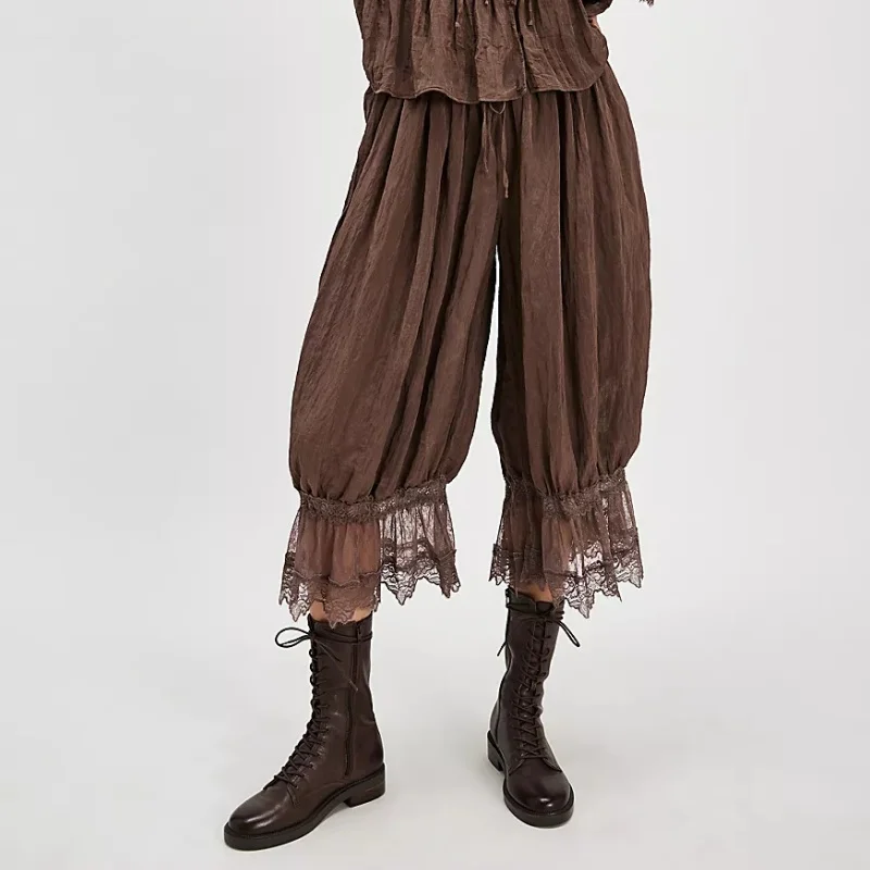 Women Lace Trim Long Bloomers Elastic Mid Rise Ruffle Pantaloons Cropped Flared Slips Pants Pajama Bottoms Y2k Streetwear