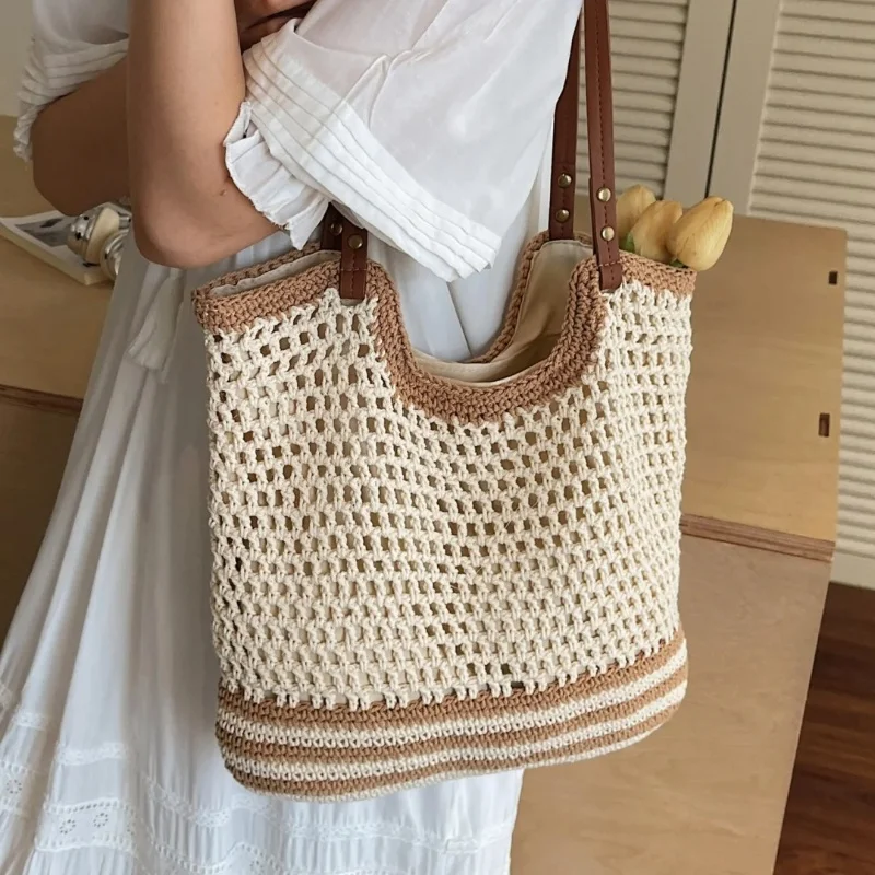 الصيف النساء الجوف خارج النسيج القش حقيبة سعة كبيرة محبوك عطلة حقيبة شاطئية الإناث حقيبة تسوق عادية تخزين حقيبة يد