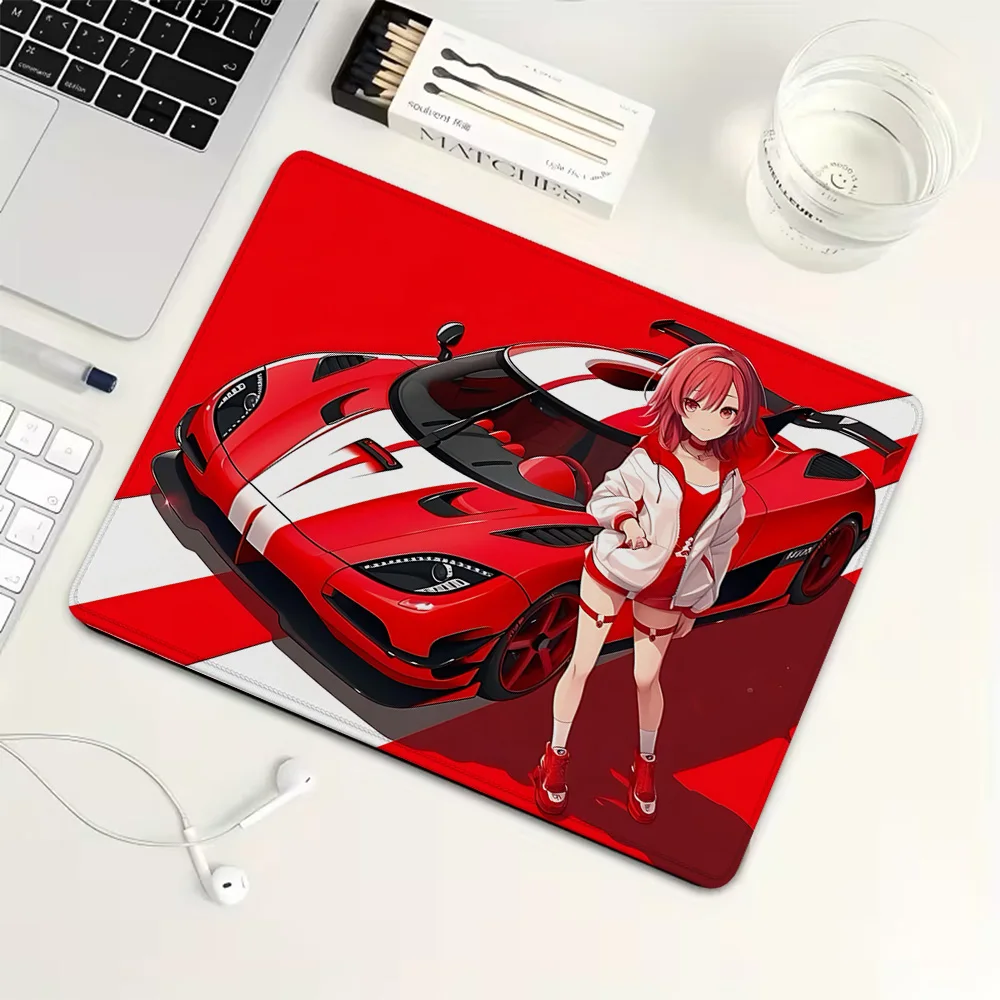 Anime girl and red sports car Small Mouse Pad Rubber Gaming Mouse Pad Mechanical Keyboard Mat PC Gaming Accessories PC Desk Pad
