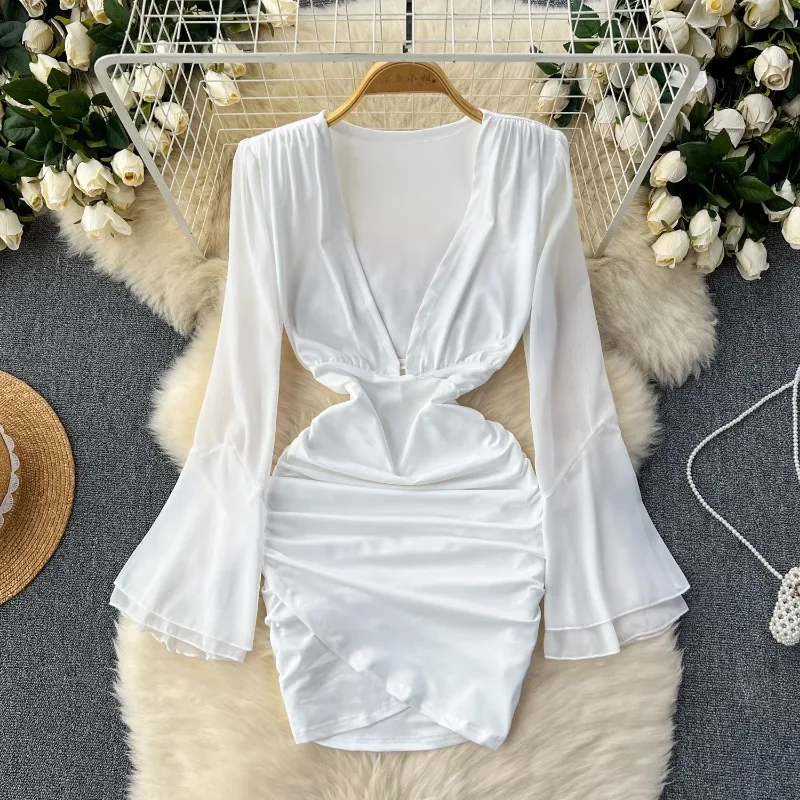 

Vintage White Mini Bodycon Dress Sexy Deep V Neck See Through Long Flare Sleeves Slim Fit Party Dress Women 2024 New Summer