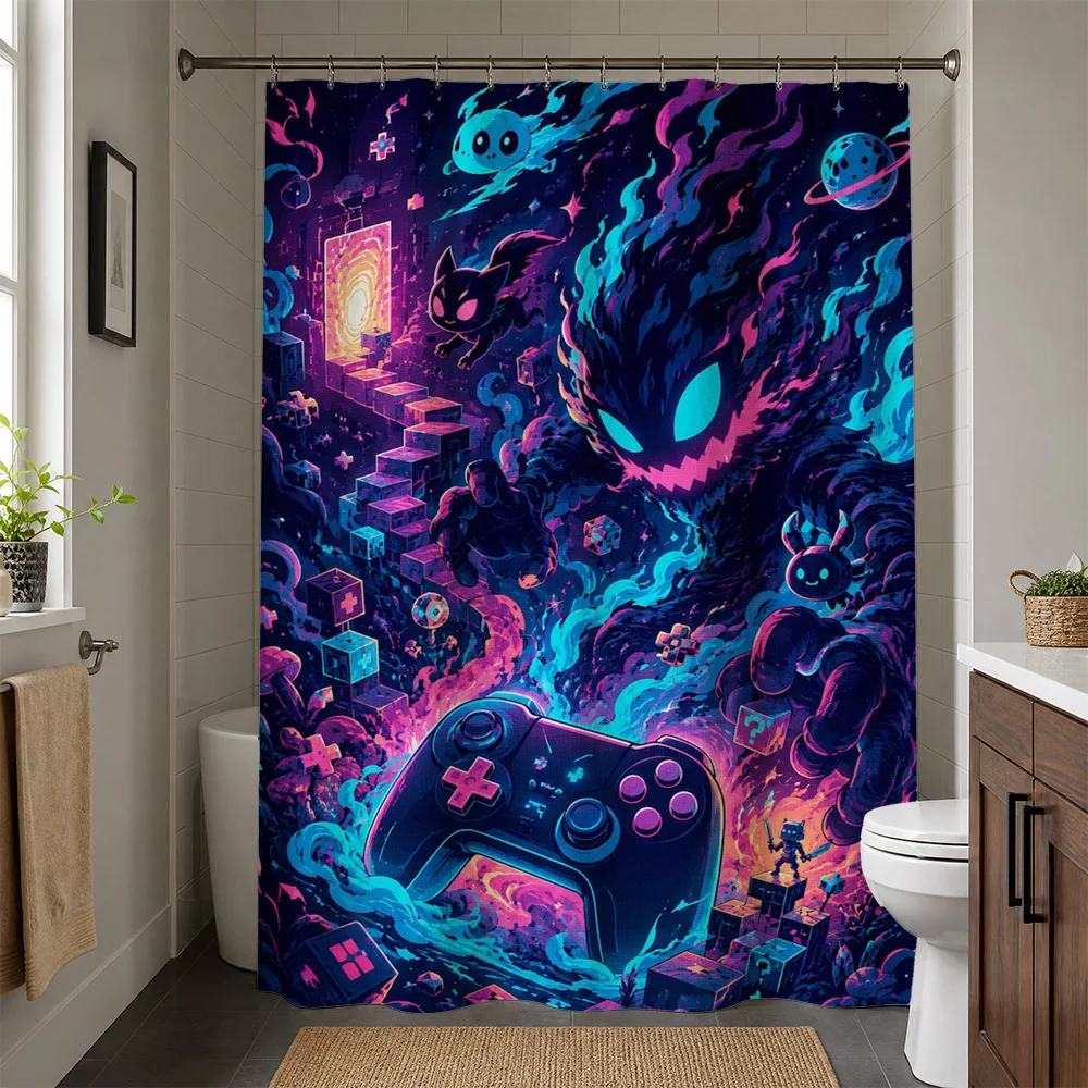 Retro Gaming Arcade Streamer Aesthetic Shower Curtain Pop Culture Video Game Lover Bathroom Decor