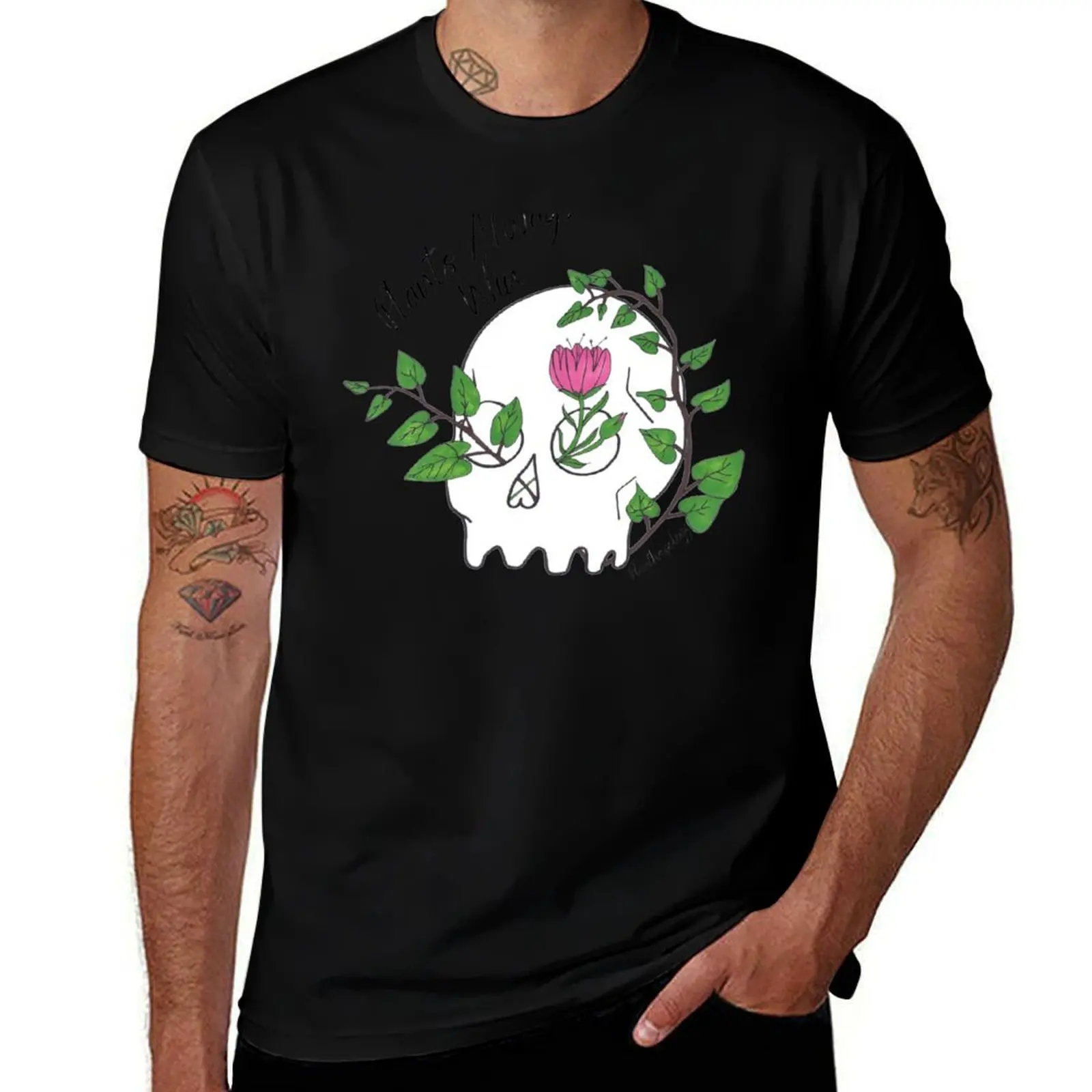 

Plants Always Win Skull Dark Text T-Shirt valentines boutique clothes summer 2025 aesthetic clothes Men's cotton t-shirt