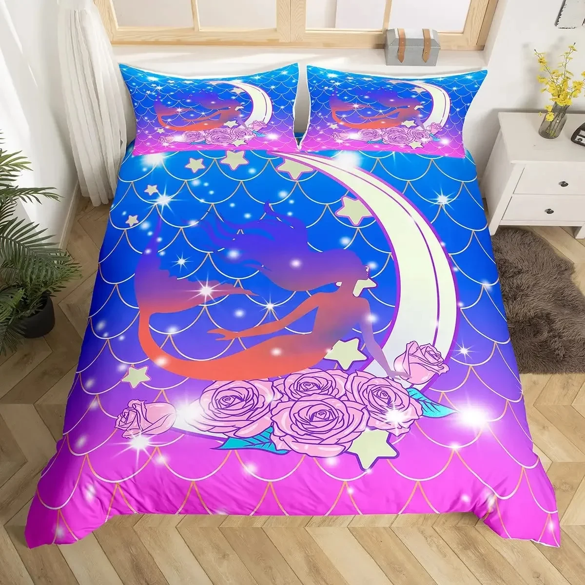 

Glitter Mermaid Duvet Cover Set King Ocean Animal Comforter Cover Fish Scales Floral Bedding Set Princess Decor Bedspread Cover