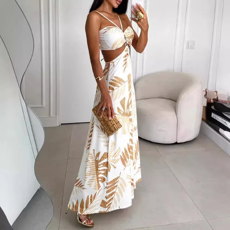 2024 Spring Summer New Women\'s Clothing Tropical Plant Print Spaghetti Straps Sleeveless Hollow Dress New