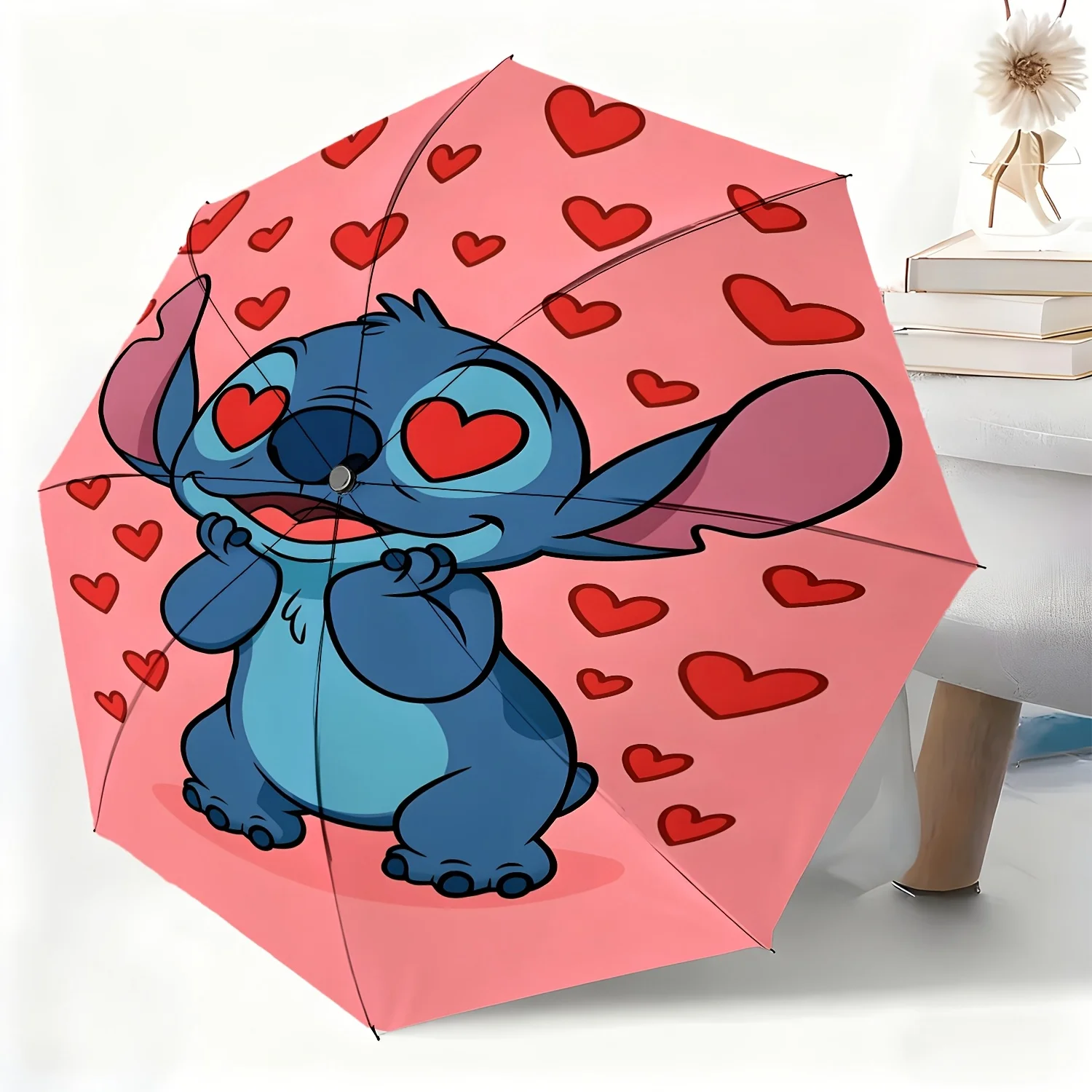 

1pc Disney Stitch Cartoon Character Automatic Umbrella, All-Weather Folding Umbrella Suitable for All Occasions, Portable Comp