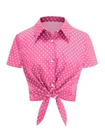 Tonval, Tops cortos de verano de manga corta con botones y cuello vuelto para mujer, camisas y blusas Vintage de lunares con dobladillo con lazo 2026