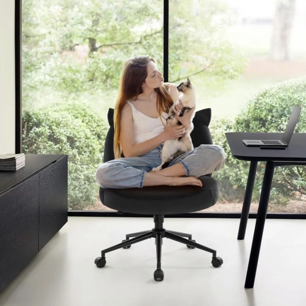 Cadeira de mesa de escritório sem braços com rodas, cadeira ergonômica de computador com pernas cruzadas e tecido acolchoado, altura ajustável, mar largo