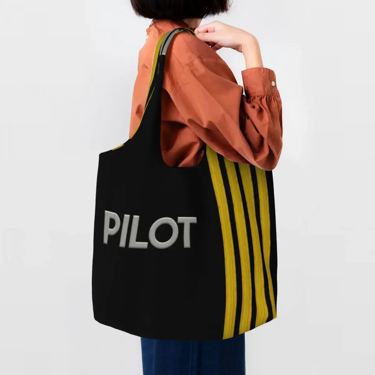 Pilot Captain Stripes Grocery Shopping Bag Canvas Shopper Shoulder Tote Bag Capacity Portable Aviation Aviator Fighter Handbag