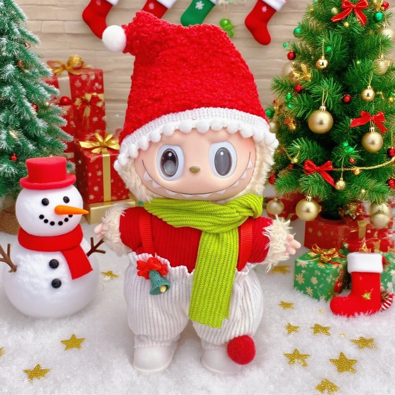 

Labubu 1st-3rd Gen Christmas Reindeer Outfit Antler Hat Cozy Scarf & Festive Overalls For 15/17cm Dolls