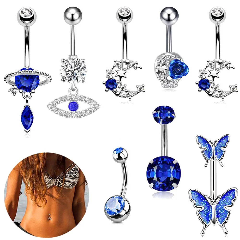 1pc Stainless Steel Blue Belly Button Ring Navel Tragu Piercing Barbell Heart  Butterfly Body Jewelry Punk Accessories for Women