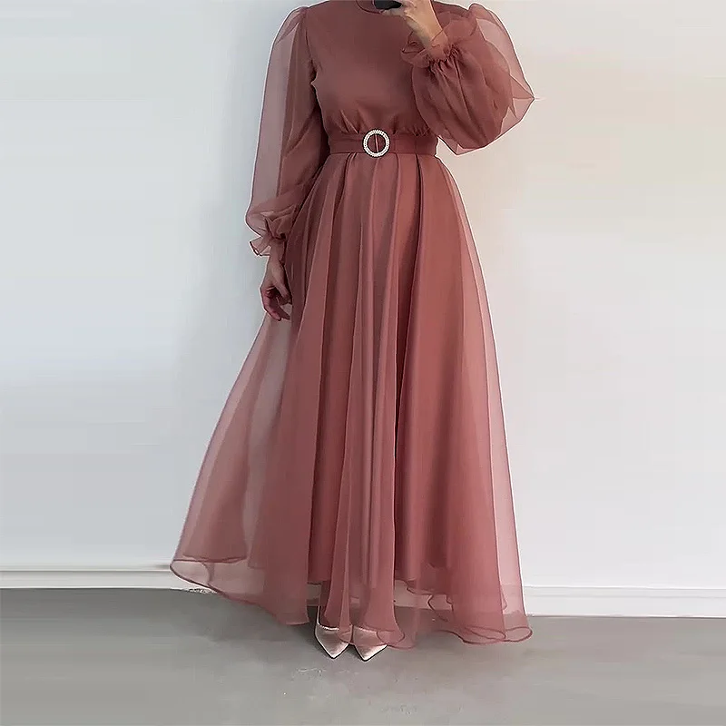 ashion Half High Collar Mesh Dress 2024 Women Solid Pleated Formal Evening Gown Robe Vestidos Spring Elegant Long Dresses