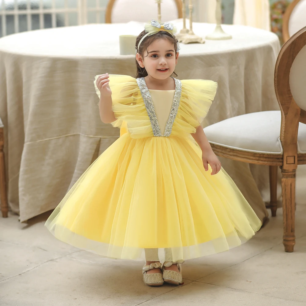 Summer Flower Kids Clothes Children\'s Clothing Bow Puffy Pageant Sequin Baby Girl Dress Fancy Wedding Gown 0-5 Years Costume
