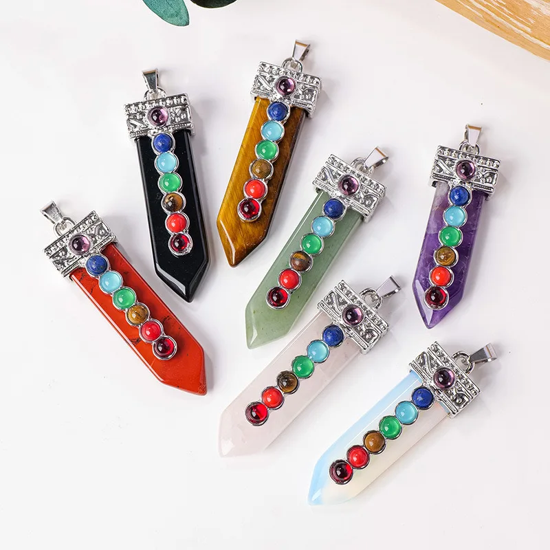 Sword Necklace Crystal Jewerly Gemstone Pendant Chackra Chakele Seven color Yoga Meditation Stone Christmas Gift