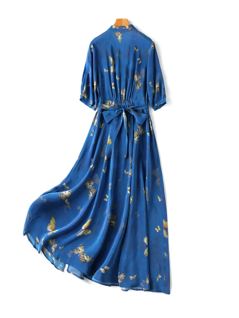 SuyaDream Maxi abiti da donna 100% seta Crepe De Chine scollo a V stampato Wrap abito lungo 2023 primavera estate vestiti per le vacanze blu