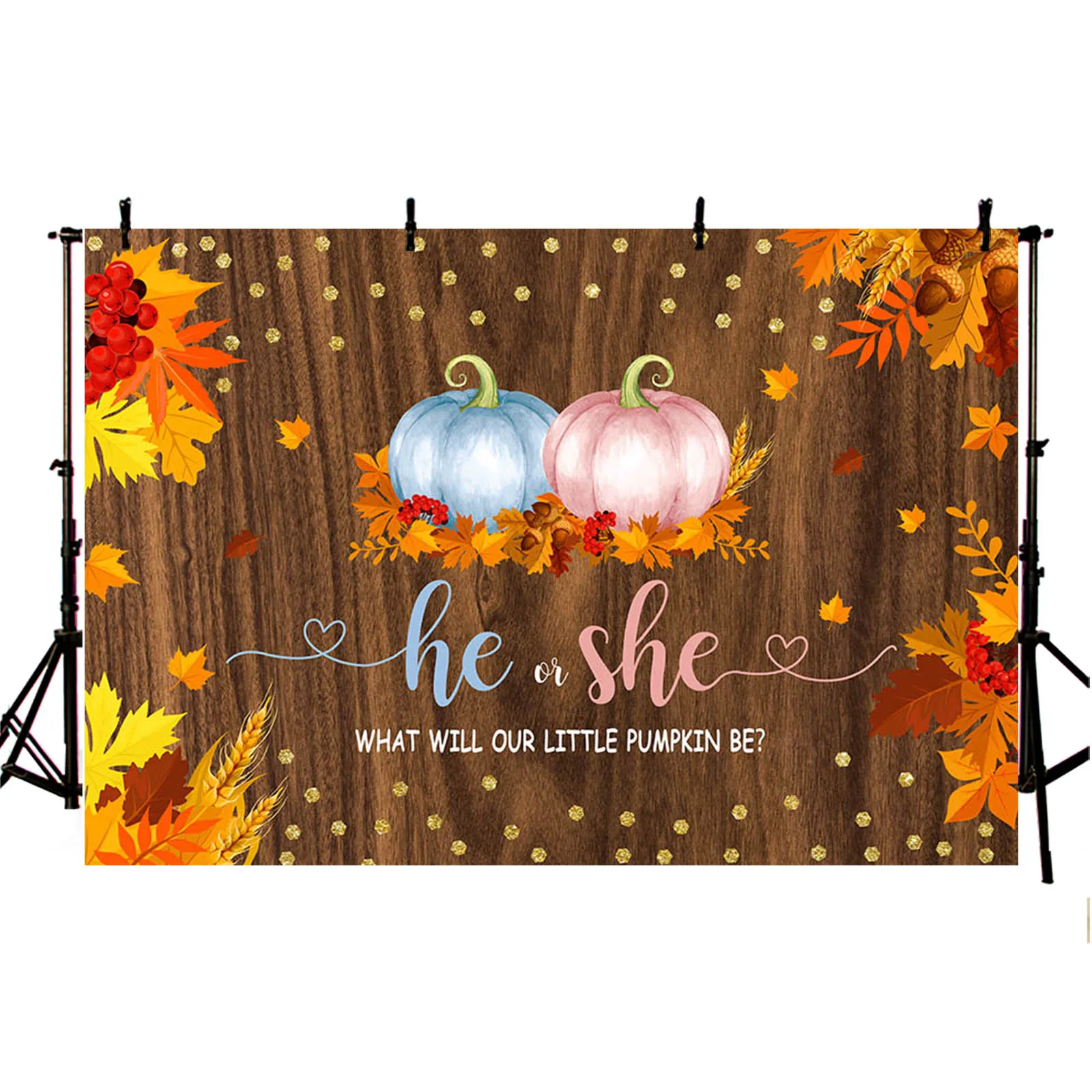 AIBIIN Pumpkin He or She Gender Reveal Backdrop Autumn Wooden Plank Baby Shower Party Decor Maple Leaf Photography Background