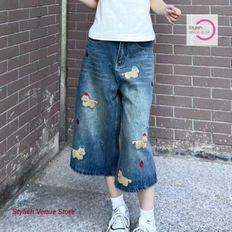 American retro fun cartoon embroidery puppy blue denim cropped pants female summer new fashion temperament niche Joker shorts.