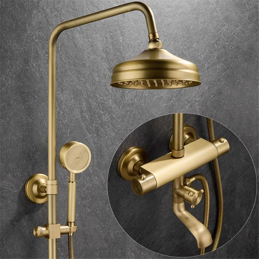 

Антикварный бронзовый термостатический смеситель для ванны и душа, комплект для ванной и душа, латунный черный душевой набор с тропическим душем и ручным душем