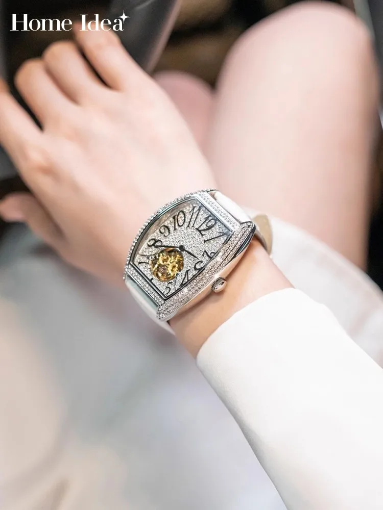 

Женские механические часы с блестящими бриллиантами и шипами, ремешок из натуральной кожи, офисные женские повседневные рабочие наручные часы, модный подарок, ювелирные изделия