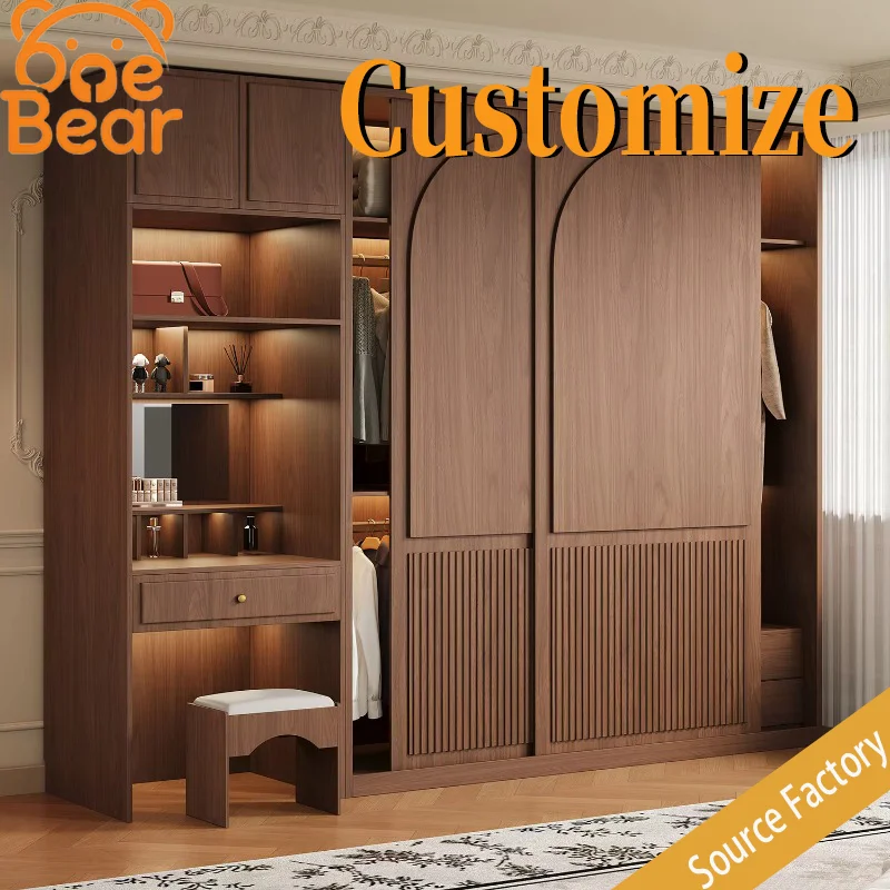 Customizable Solid Oak Wardrobe with Sliding Doors, Suitable for Home Use in Bedrooms, Featuring a Dressing Table.