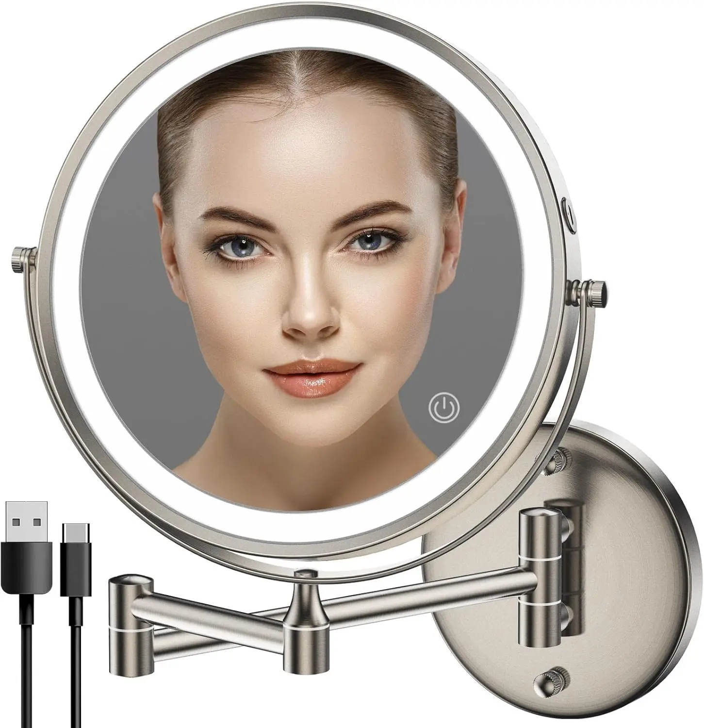 

8 Inch LED Vanity Mirror with 1X/10X Magnification, Touch Screen Dimmable Lights, 360° Swivel & Extendable Arm