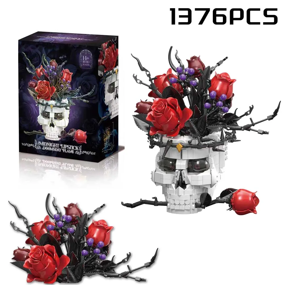 

2026 New Skull Roses Eternal Flower Bricks Gifts DIY Skeleton Photo Props Assembly Home Decor MOC Gothic Flower Bouquet Blocks