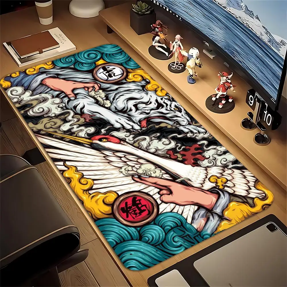 Large XXL Gaming Mouse Pad Desk Mat Keyboard Pad Chinese Style White Tiger Red Crowned Crane  Ukiyo-e Art Print Aesthetic Decor