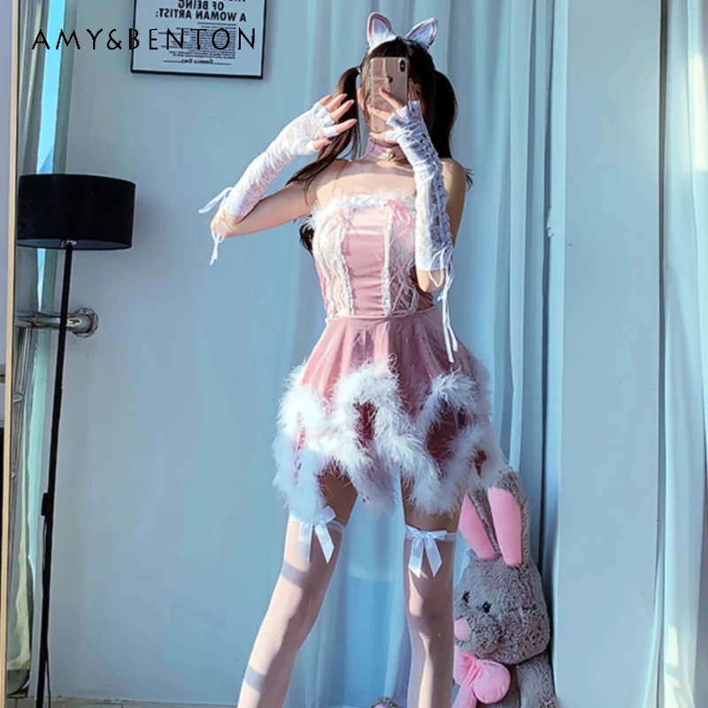

Original Design New Pink Women's Clothing Animal Role Play Sexy Sweet Cool Lace Hollow Out Bow Fluffy Trim Sling Dresses Ladies