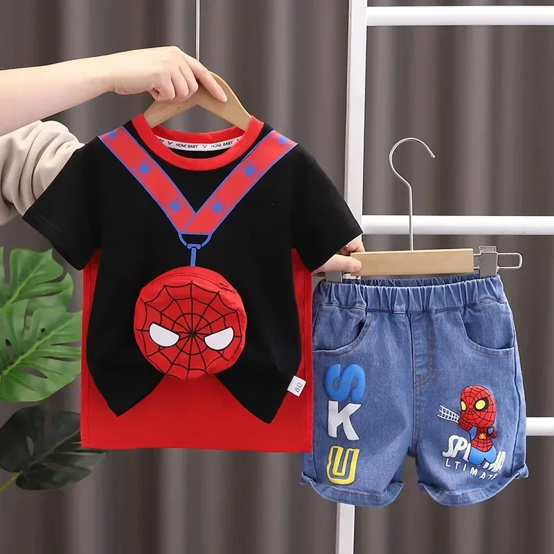 2025 Summer Baby Boys Spiderman Short Sleeve T-shirt+Jeans Sets Clothes Kids Fashion Clothing Outfits Children Sports Suits