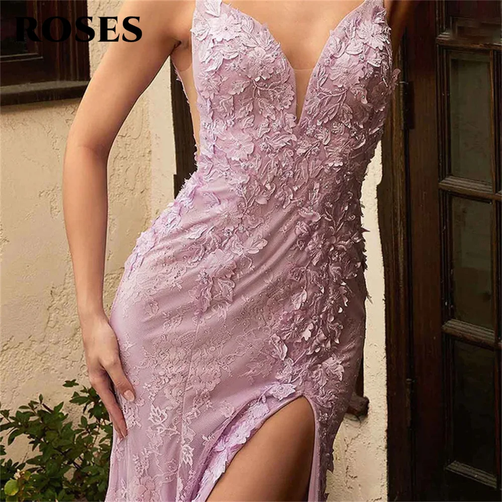 ROSES Appliques Pink Prom Dresses Tulle Side Split Mermaid Evening Dresses Spaghetti Strap V Neck Backless فستان حفلات الزفاف