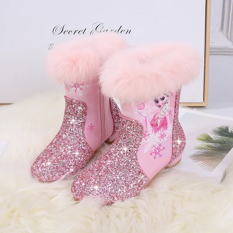 girls High Heel Boots 2024 Winter New Children\'s Short Boots Little Kids Plush Warm Snow Boots Elsa Princess Cotton Boots